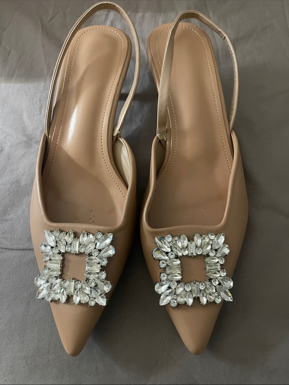 Bejeweled Slingback Pointed Toe Flats in Nude